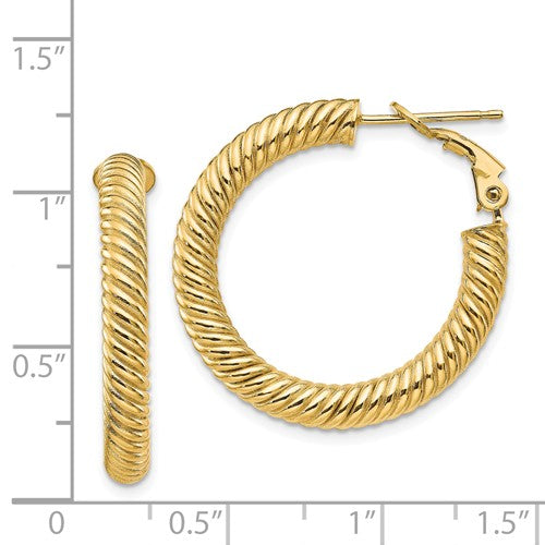 14k yellow gold twisted round omega back hoop earrings 27mm x 4mm