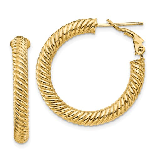 14k yellow gold twisted round omega back hoop earrings 27mm x 4mm