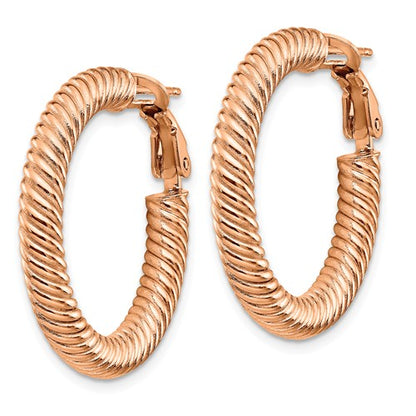 14k rose gold twisted round omega back hoop earrings 37mm x 4mm
