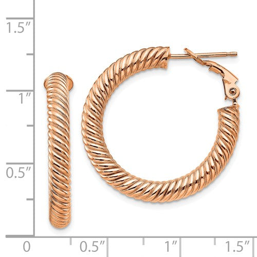 14k rose gold twisted round omega back hoop earrings 27mm x 4mm