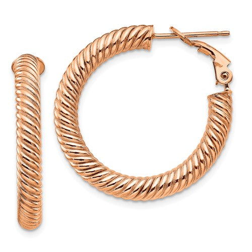 14k rose gold twisted round omega back hoop earrings 27mm x 4mm