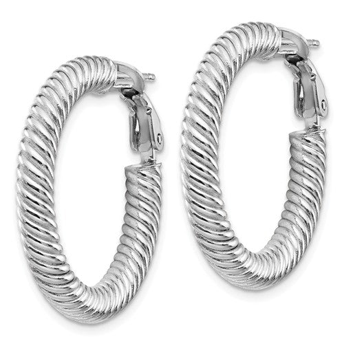 14k white gold twisted round omega back hoop earrings 27mm x 4mm