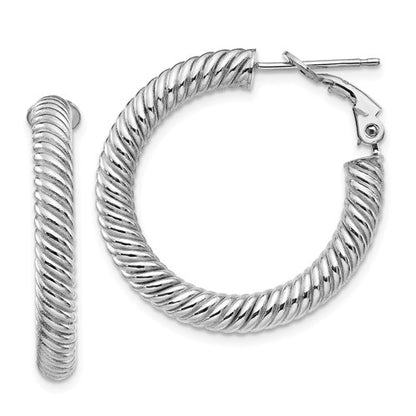 14k white gold twisted round omega back hoop earrings 27mm x 4mm