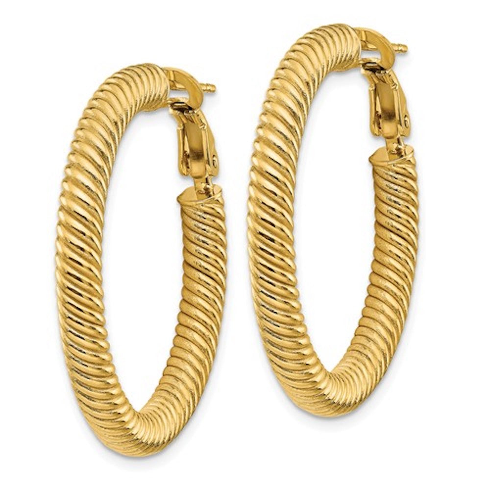 14k yellow gold twisted round omega back hoop earrings 32mm x 4mm