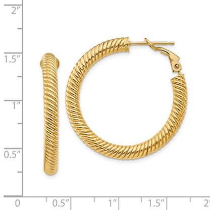 14k yellow gold twisted round omega back hoop earrings 32mm x 4mm