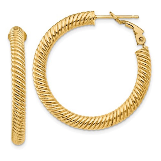 14k yellow gold twisted round omega back hoop earrings 32mm x 4mm