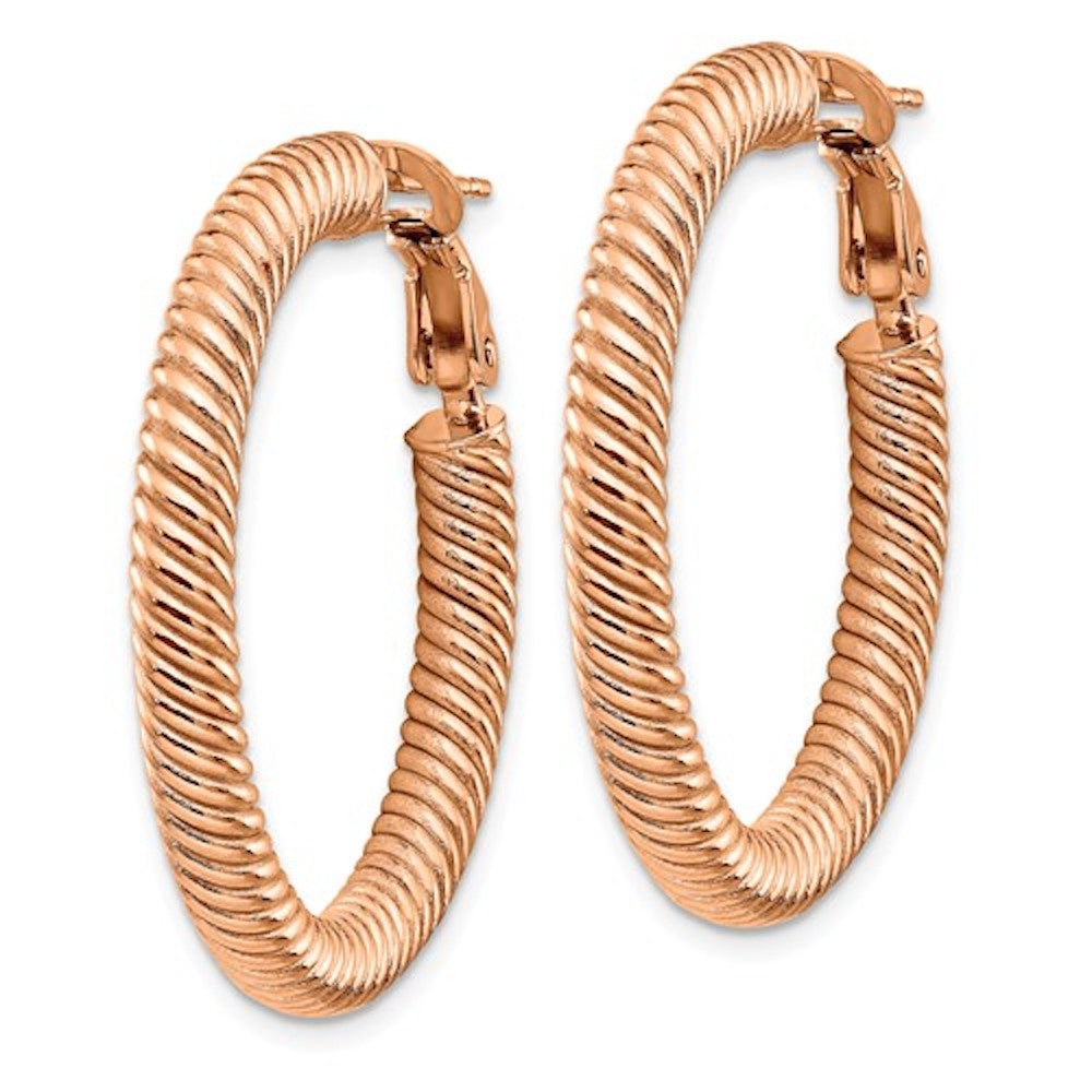 14k rose gold twisted round omega back hoop earrings 32mm x 4mm