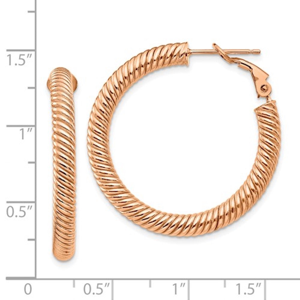 14k rose gold twisted round omega back hoop earrings 32mm x 4mm