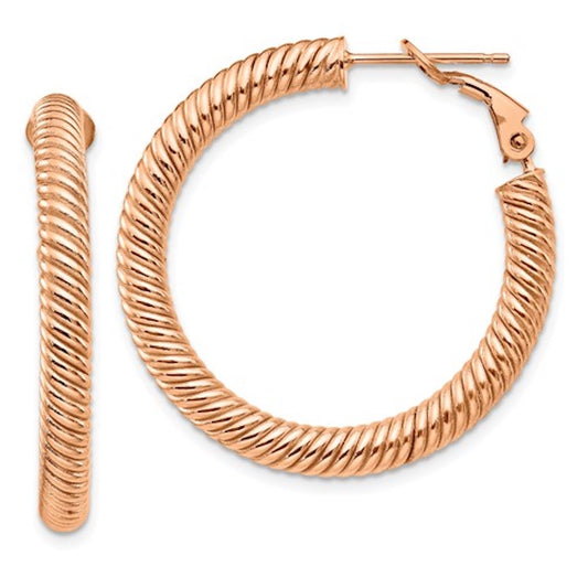14k rose gold twisted round omega back hoop earrings 32mm x 4mm