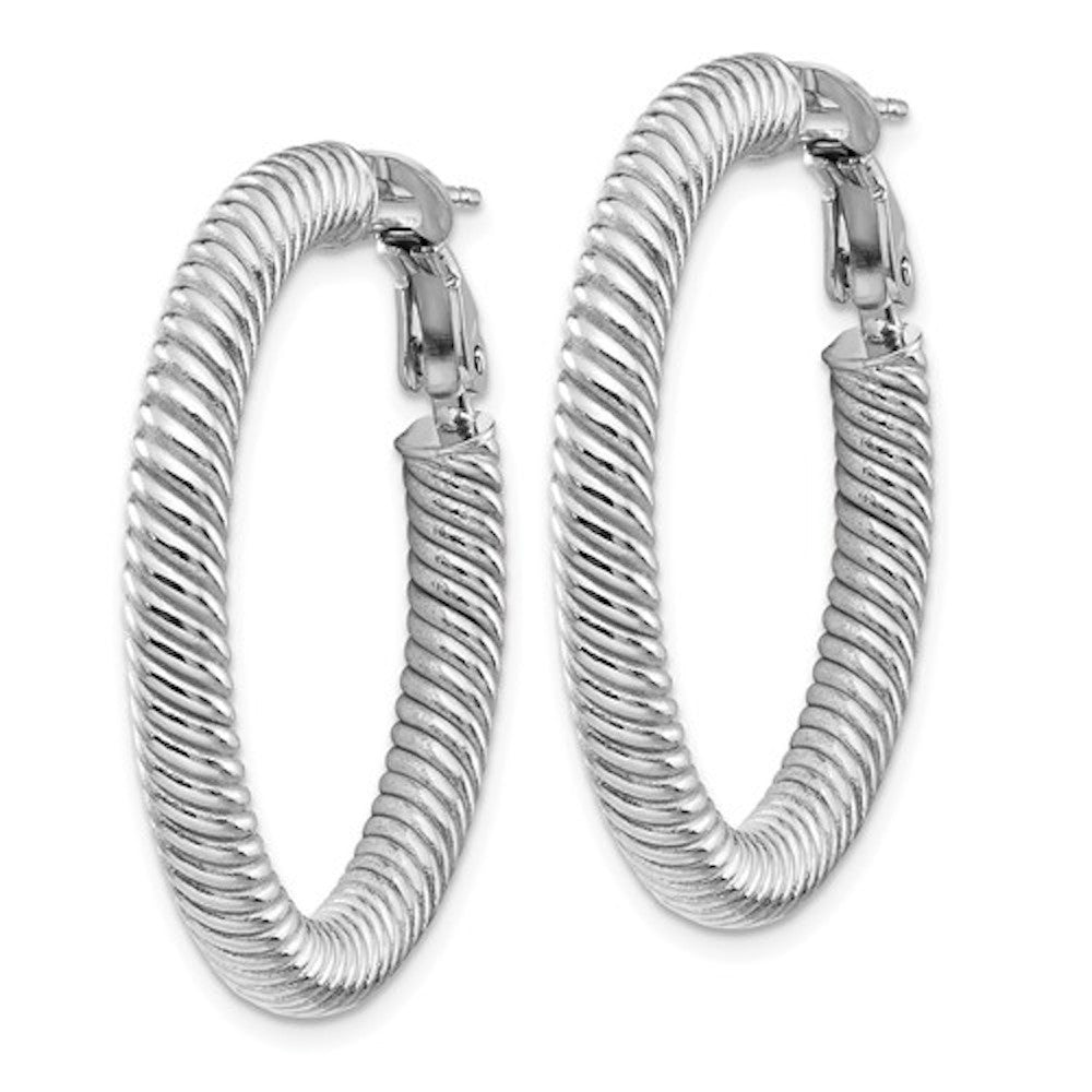 14k white gold twisted round omega back hoop earrings 32mm x 4mm