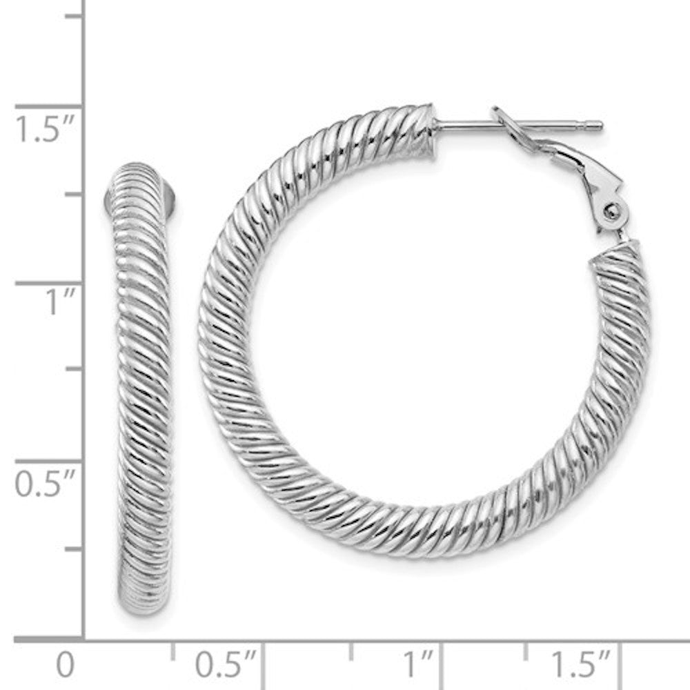 14k white gold twisted round omega back hoop earrings 32mm x 4mm