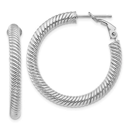 14k white gold twisted round omega back hoop earrings 32mm x 4mm