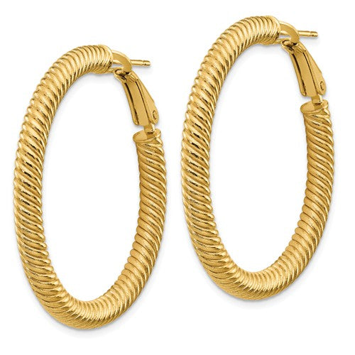14k yellow gold twisted round omega back hoop earrings 37mm x 4mm