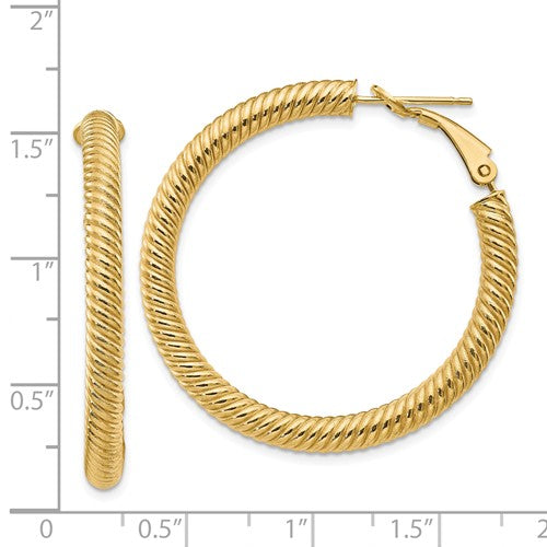 14k yellow gold twisted round omega back hoop earrings 37mm x 4mm