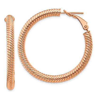 14k rose gold twisted round omega back hoop earrings 37mm x 4mm