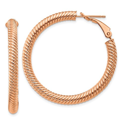 14k rose gold twisted round omega back hoop earrings 37mm x 4mm