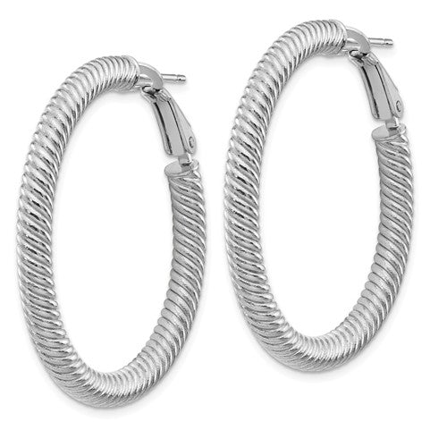 14k white gold twisted round omega back hoop earrings 37mm x 4mm