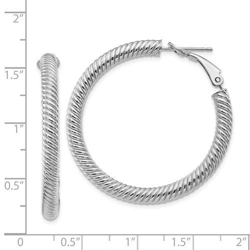 14k white gold twisted round omega back hoop earrings 37mm x 4mm
