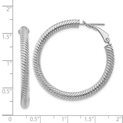 14k white gold twisted round omega back hoop earrings 37mm x 4mm