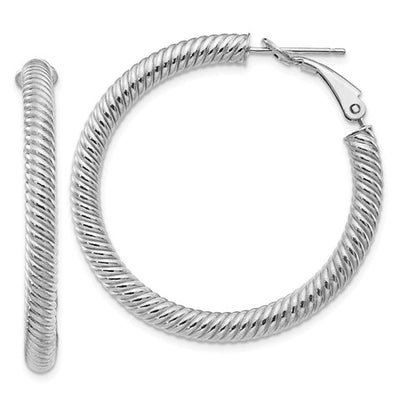 14k white gold twisted round omega back hoop earrings 37mm x 4mm
