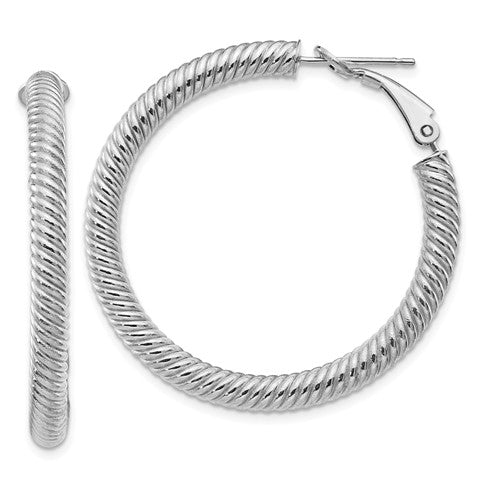 14k white gold twisted round omega back hoop earrings 37mm x 4mm