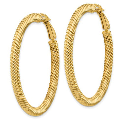 14k yellow gold twisted round omega back hoop earrings 42mm x 4mm