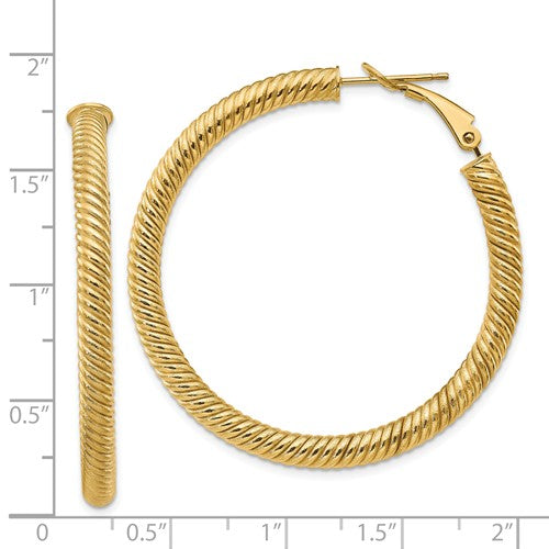 14k yellow gold twisted round omega back hoop earrings 42mm x 4mm