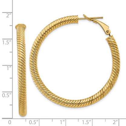 14k yellow gold twisted round omega back hoop earrings 42mm x 4mm