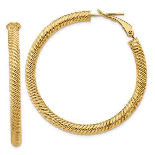 14k yellow gold twisted round omega back hoop earrings 42mm x 4mm