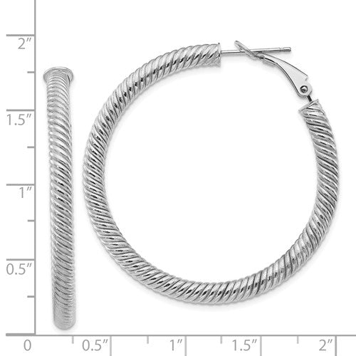 14k white gold twisted round omega back hoop earrings 42mm x 4mm