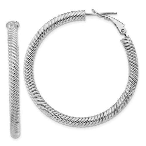 14k white gold twisted round omega back hoop earrings 42mm x 4mm