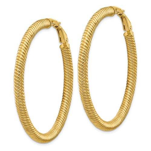 14k yellow gold twisted round omega back hoop earrings 46mm x 4mm