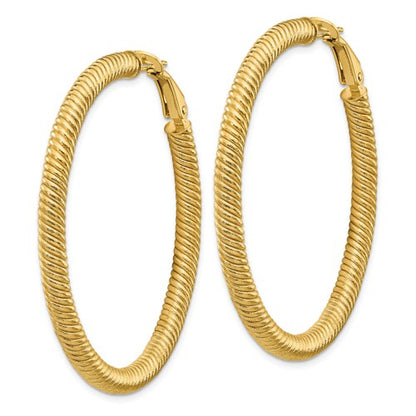 14k yellow gold twisted round omega back hoop earrings 46mm x 4mm