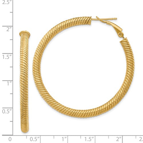 14k yellow gold twisted round omega back hoop earrings 46mm x 4mm