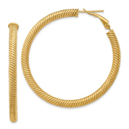 14k yellow gold twisted round omega back hoop earrings 46mm x 4mm