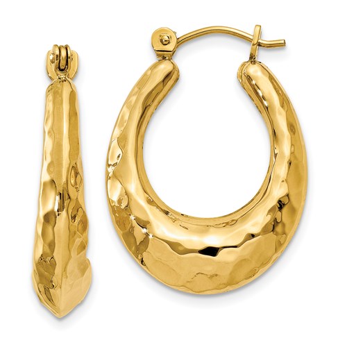 14K Yellow Gold Shrimp Hammered Hoop Earrings 17mm