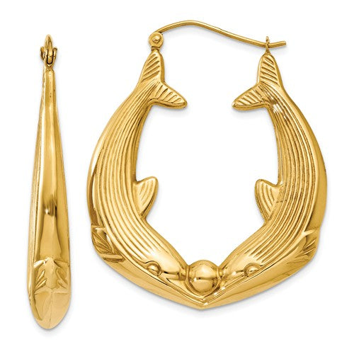 14K Yellow Gold Dolphin Hoop Earrings 30mm