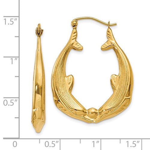 14k yellow gold dolphin hoop earrings 23mm