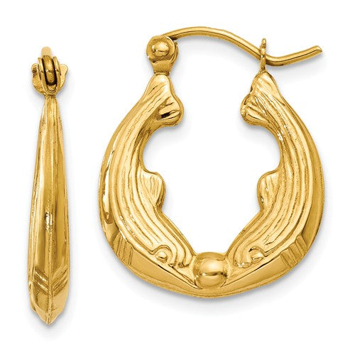 14K Yellow Gold Dolphin Hoop Earrings 14mm