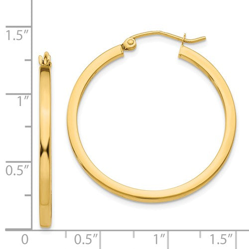 14k yellow gold square tube round hoop earrings 30mm x 2mm