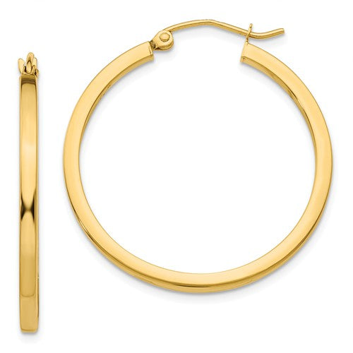 14k yellow gold square tube round hoop earrings 30mm x 2mm