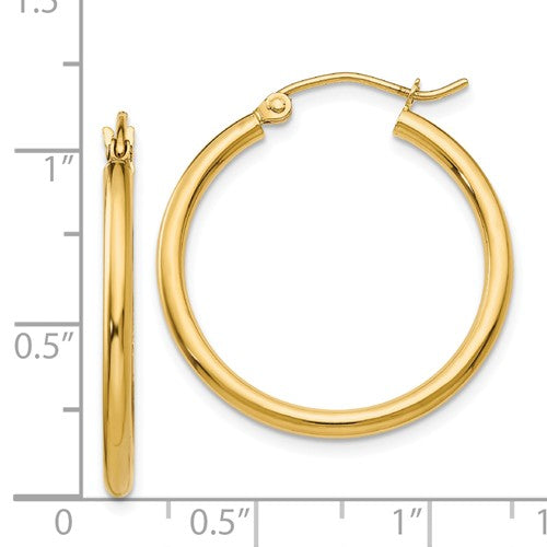 14k yellow gold classic round hoop earrings 25mmx2mm