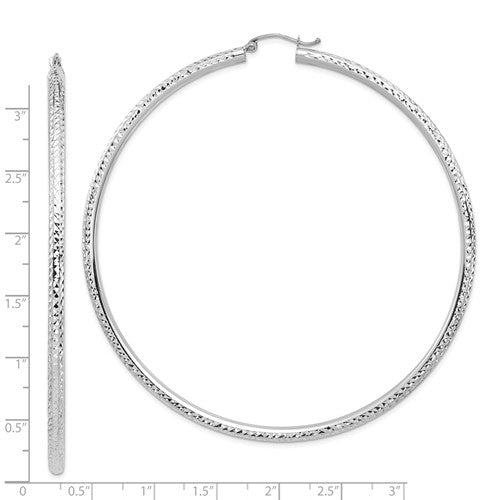 14K White Gold 3.03 inch Diameter Extra Large Giant Gigantic Diamond Cut Round Classic Hoop Earrings Lightweight 77mm x 3mm