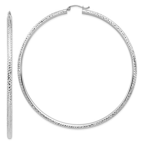 14k white gold 3.03 inch diameter extra large giant gigantic diamond cut round classic hoop earrings lightweight 77mm x 3mm