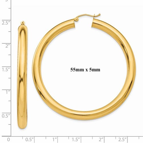14k yellow gold classic round hoop earrings 60mm 55mm 48mm 43mm 40mm 35mm 30mm x 5mm