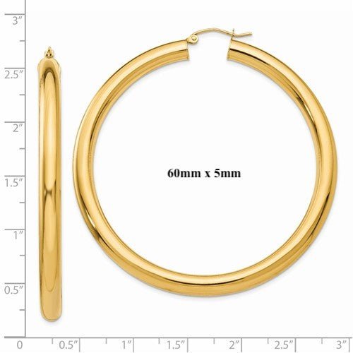 14k yellow gold classic round hoop earrings 60mm 55mm 48mm 43mm 40mm 35mm 30mm x 5mm