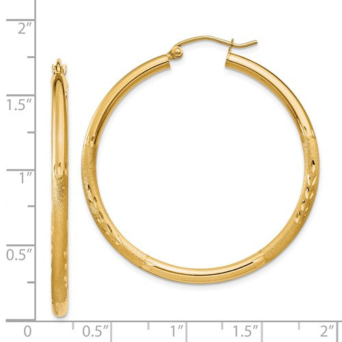 14k yellow gold satin diamond cut classic round hoop earrings 38mm x 2.5mm