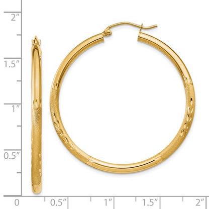 14k yellow gold satin diamond cut classic round hoop earrings 38mm x 2.5mm