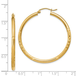 14k Yellow Gold Satin Diamond Cut Classic Round Hoop Earrings 38mm x 2.5mm