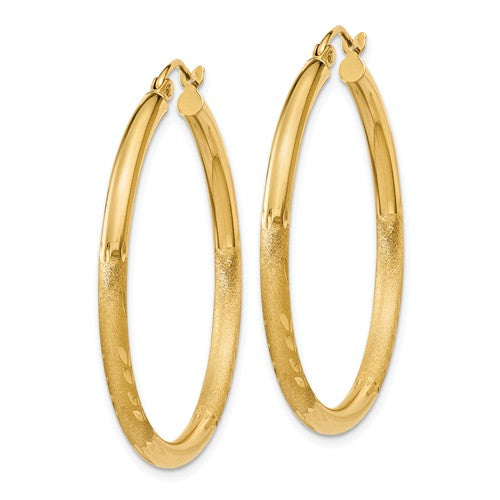 14k yellow gold satin diamond cut classic round hoop earrings 34mm x 2.5mm
